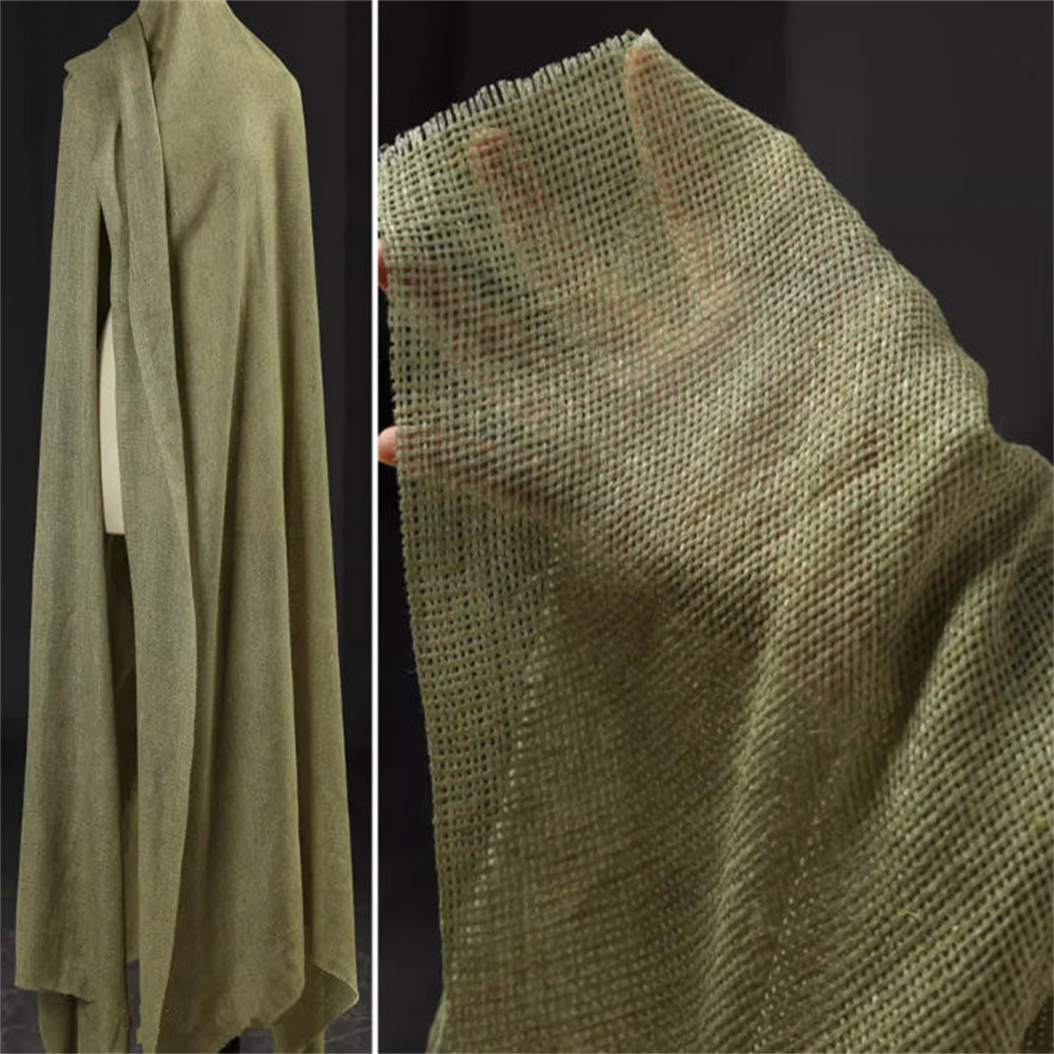 

Retro green Zen style cotton and linen used coarse linen yarn fabric, stir fried artistic fabric, skirt clothing designer fabric