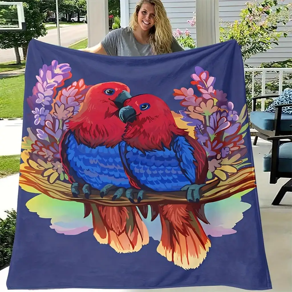 1pc Extra Large Flannel Blanket - Heavyweight 280gsm Soft & Warm All-Season Bedspread - Tropical Parrot Design in Red, Blue