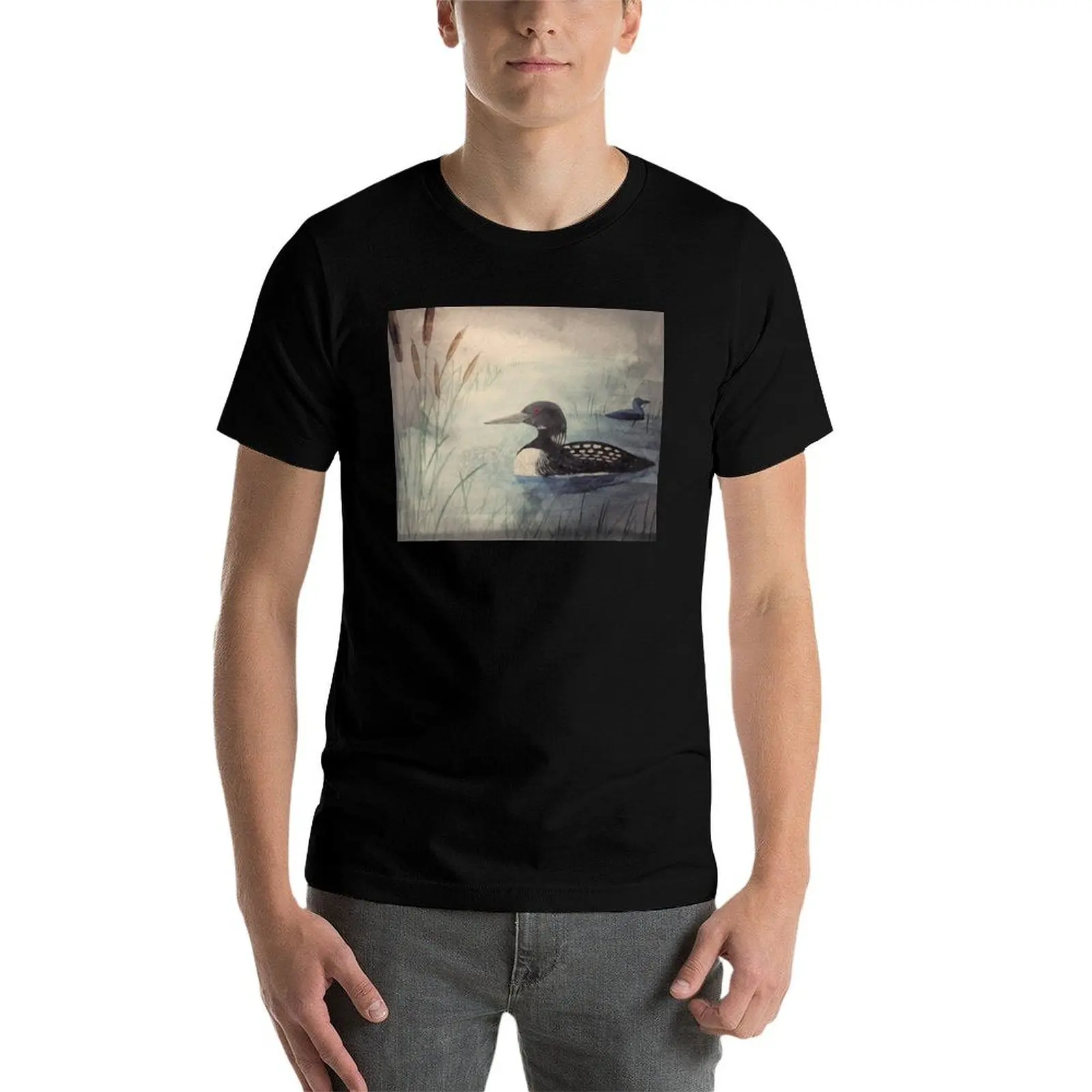 تي شيرت Loons and Cattails بألوان مائية تي شيرت قطن 100% تي شيرت للرجال حزمة رجل أبيض تي شيرت جرافيك تي شيرت #4