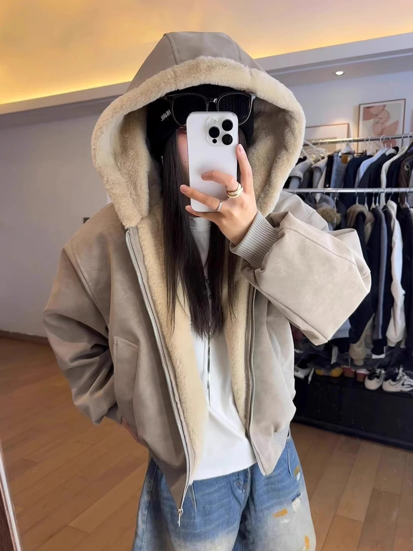 

Thiened American Sle Hooded Leather Jaet eepskin Cotton Winter Coat Men's Women's Cleanfit Long Sve ort Coat