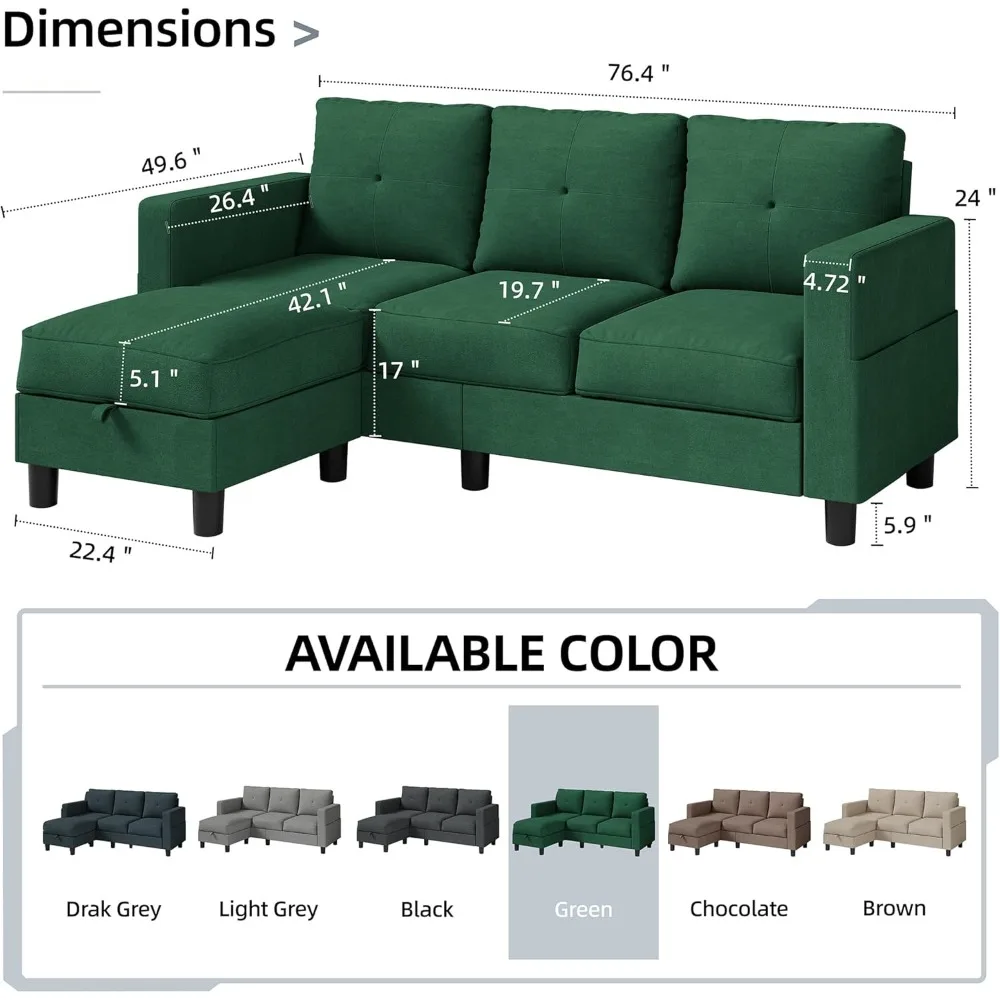 Convertible Sectional Sofa Couch, Modern Linen Fabric L-Shaped, 3-Seat Sofa Sectional with Reversible Chaise (Green)