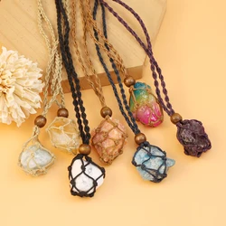 Natural Crystal Quartz Raw Net Pocket Pendant Necklaces Healing Stone Amethyst Hangings Craft Weave Rope Necklace Jewelry Gift