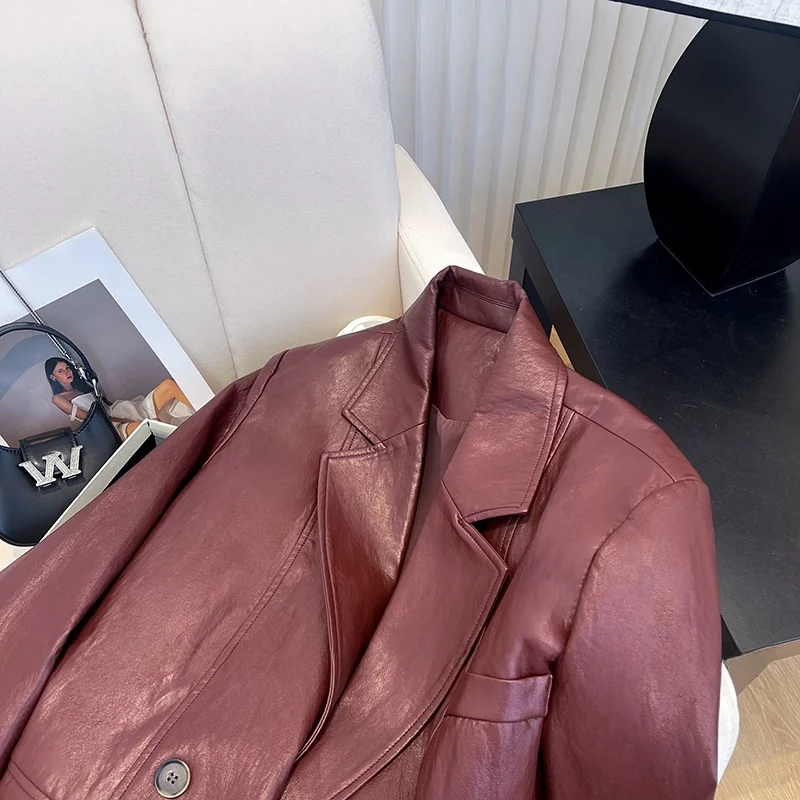 Women's Leather Jacket Suit Outerwear Versatile High-Quality Design Spring 2026 Fashion Elegant PU Material Regular Length