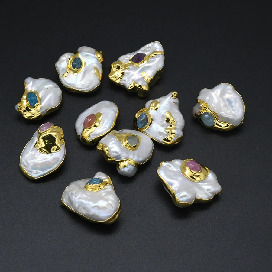 10pcs Newest Design 18k Gold Plating Irregular Natural Baroque Pearl Colorful Semi-precious Stone Paved Loose Beads