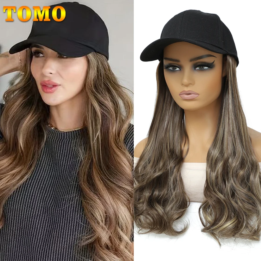 TOMO Baseball Cap With Curly Hair Extensions 18 inch Long Wavy Synthetic Hair With Adjustable Hat Wig Attached Baseball Cap