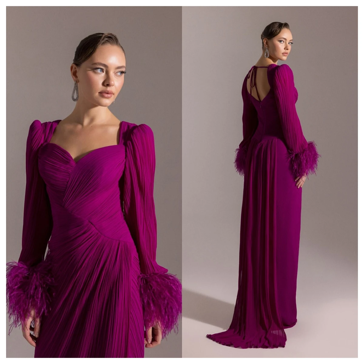 customizedCustomized Graceful Purple Chiffon Evening Dress Sweetheart Long Sleeves Homecoming Dress Delicate  Feathers Vestido D image 3