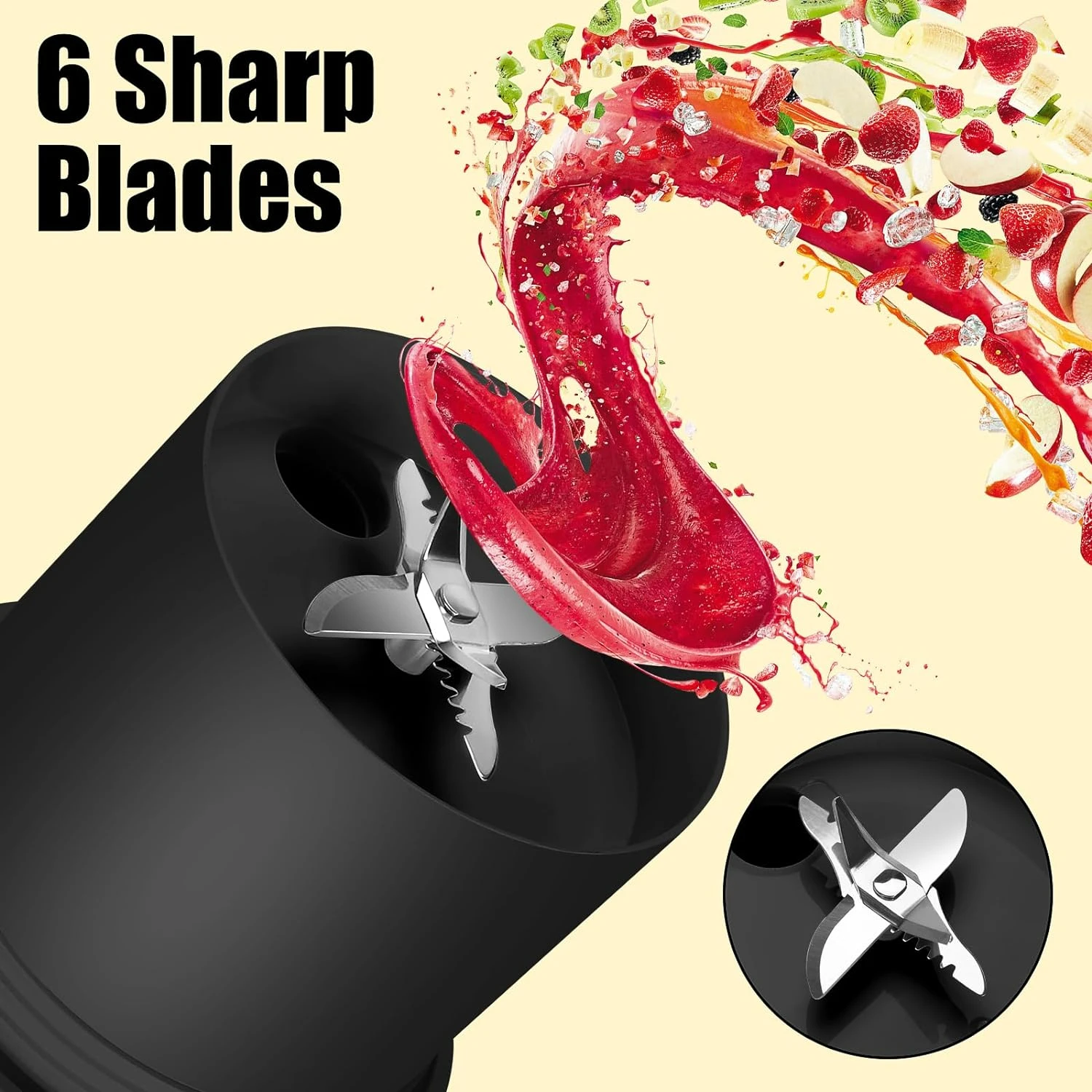 Compact Portable Black Smoothie Maker Blender with 6 Detachable Blades, USB Rechargeable Personal Size 16 Oz Juicer for On-the-G