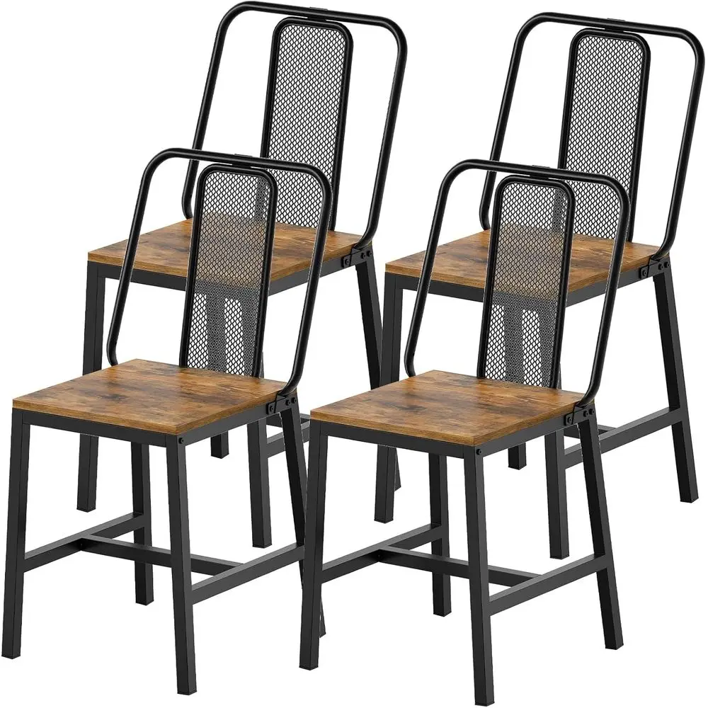 

Set of 4 Wooden Dining Chairs, Rustic Brown and Black, with Back Support for Kitchen or Living Room