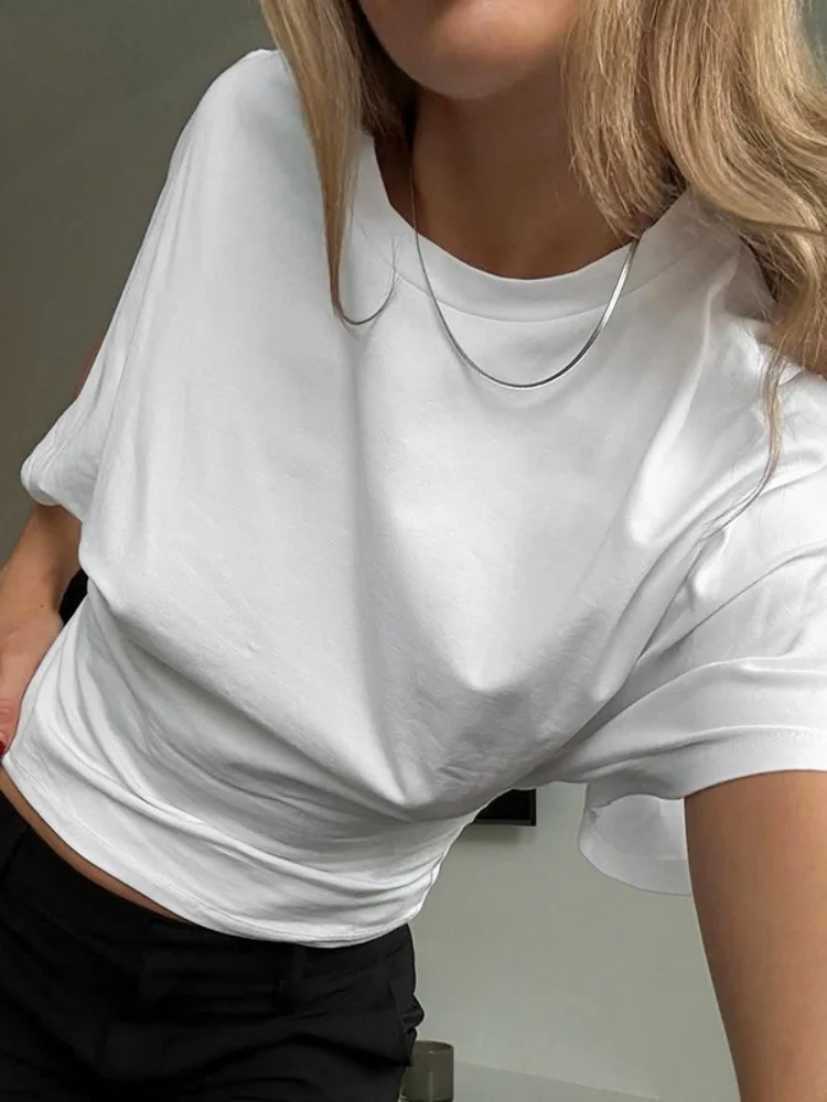 المرأة الصلبة اللون جولة الرقبة الجبهة الكتف واسعة طويلة الأكمام Cinched الخصر سليم المحاصيل الأعلى عارضة بسيطة تنوعا تي شيرت