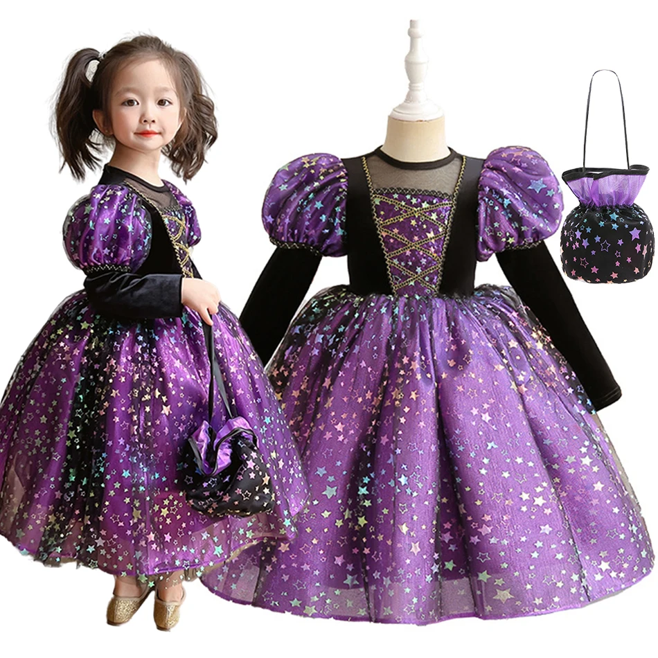 

Girls Ball Gown Kids Purple Stars Print Halloween Carnival Birthday Party Costume Long Sleeves Dress Fluffy Mesh Deluxe Outfits