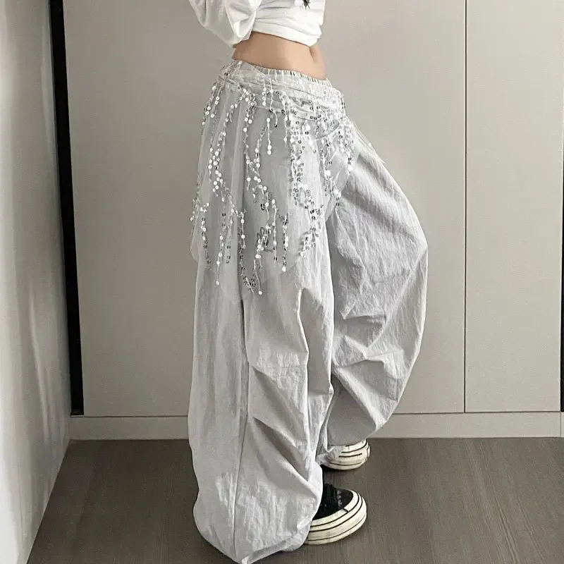 韓国ファッションカーゴパンツ レディース 原宿系 ブラック バギー スウェットパンツ ワイドレッグ ジョガーパンツ カジュアルパンツ ストリートウェア