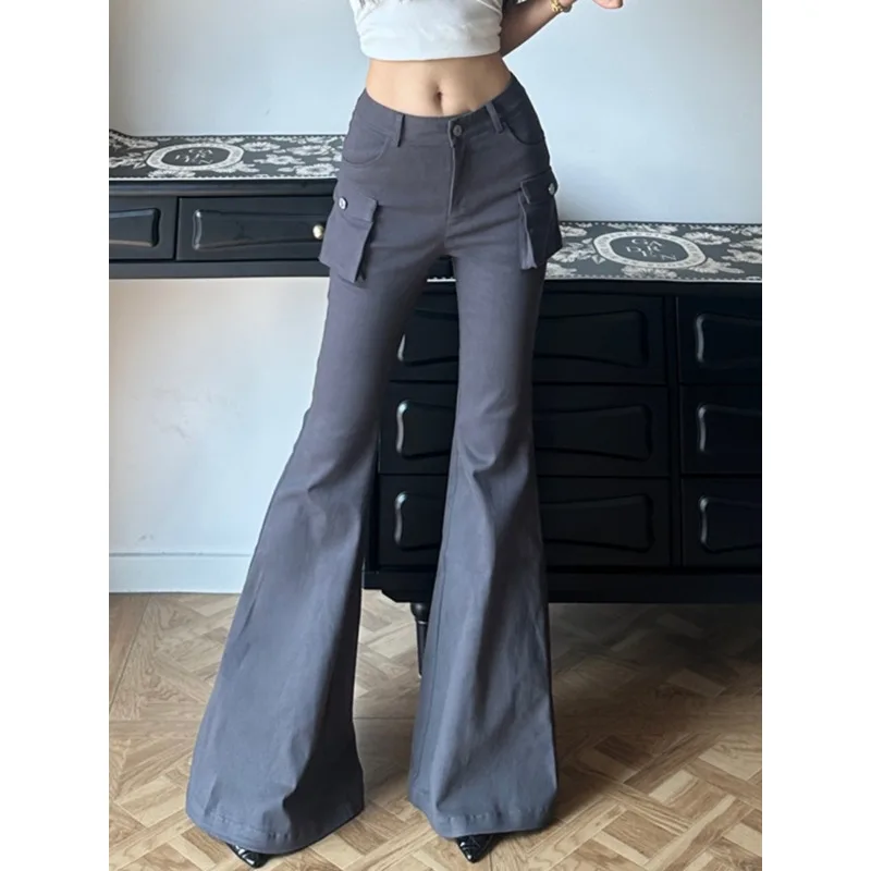 Office Ladies High Waist Hip Slightly Flared Pants Autumn and Winter New Casual Women's Gray Side Pocket Tooling Flare Trousers