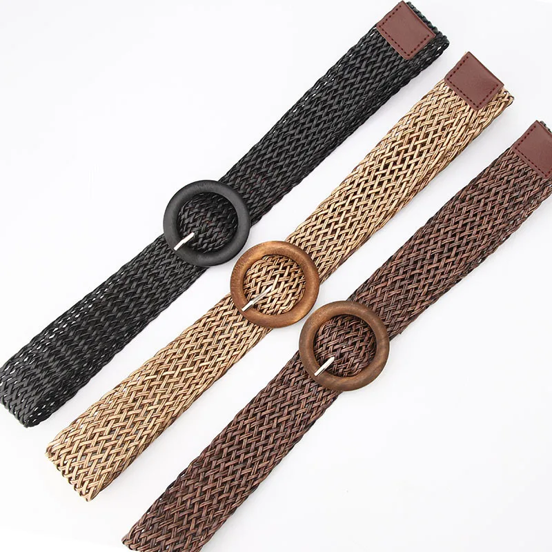 Vintage Braided Waist Belt Summer Solid Female Belt Round Wooden Buckle Fake Straw Wide Elasticity Belts For Women