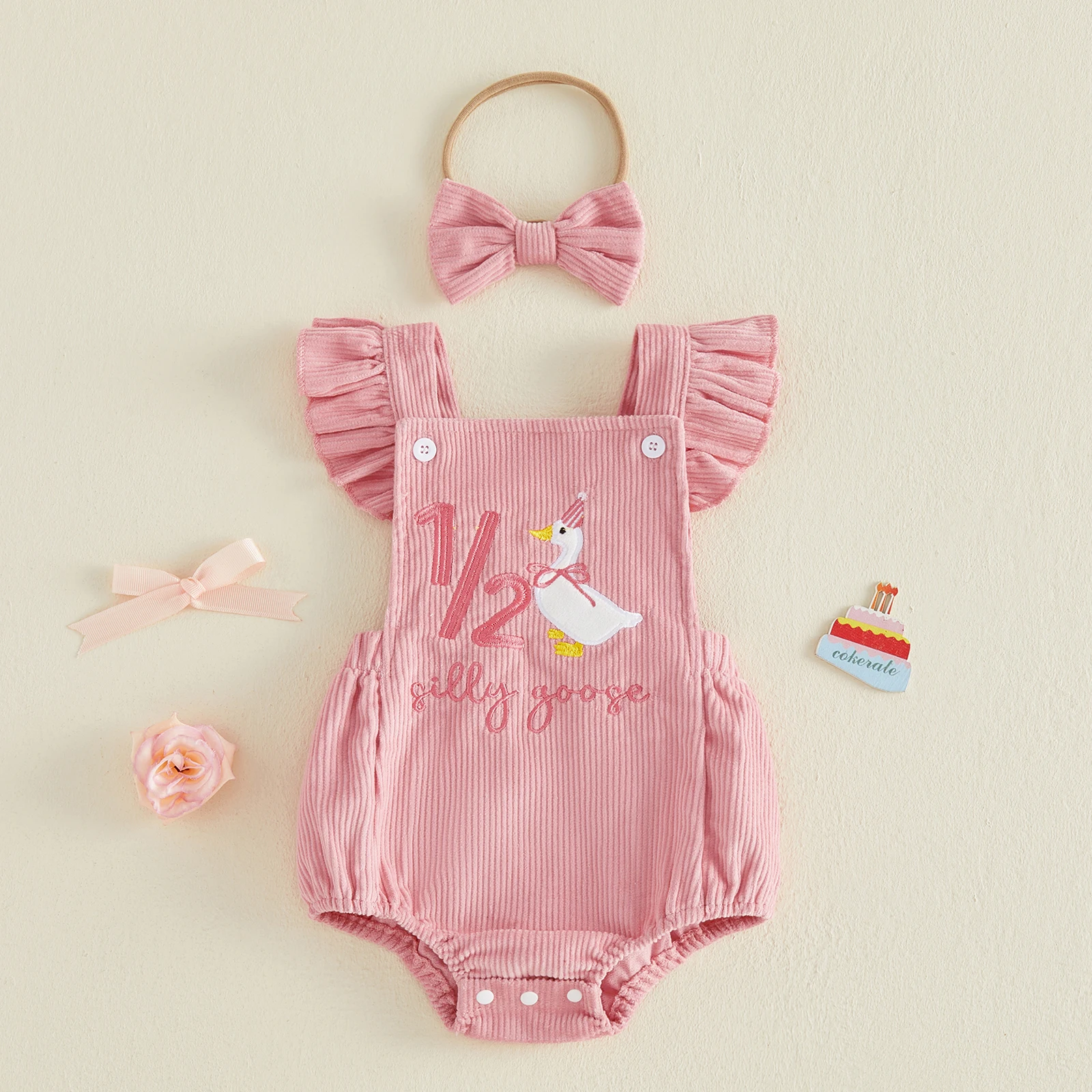 Baby Girls Birthday Outfit Goose Embroidery Fly Sleeves Romper Cute Headband Holiday Baby Corduroy Bodysuits Outfit