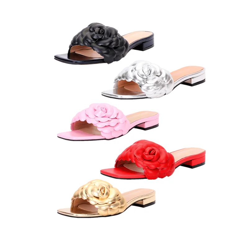 Latest Italian Design Summer Fashion Luxury Flat Heel Gold silver Pink Flower Women\'s Shoes plus size 38-44 Women Flat Slippers