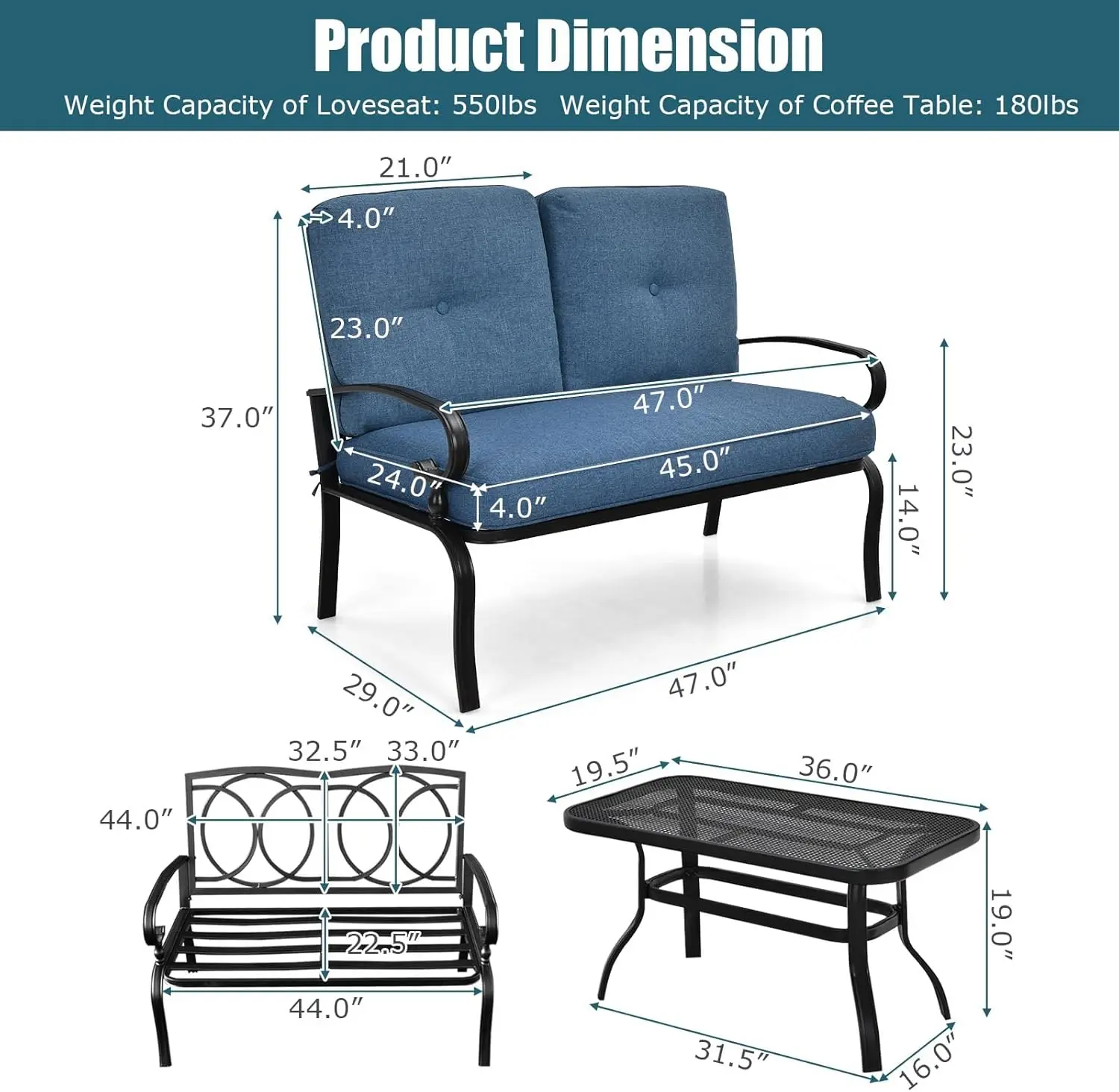 Sofá Almofada Set com Rustproof Frame, Loveseat com Coffee Table, Mobiliário de Exterior para Jardim, Poolside, 2Pcs