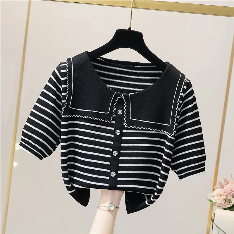 Contrast Striped knit T-shirt  Fashion Navy Collar Ice Silk short Sleeved Tee 2024 Summer New Loose Versatile Top For Women