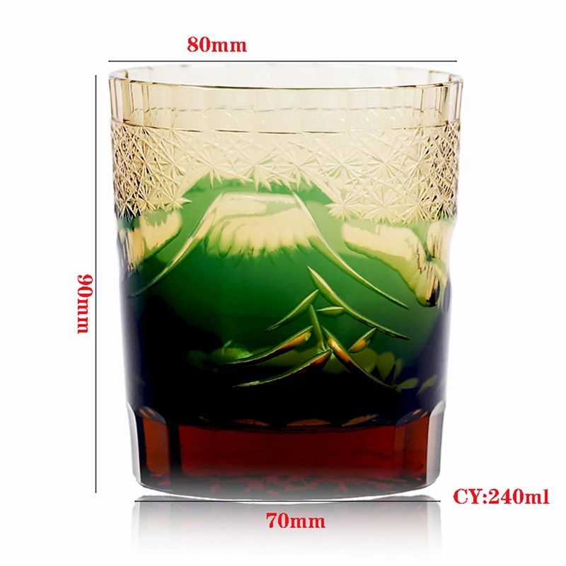 Japanese Edo Kiriko Fuji Mountain Hand Cut To Clear  Whiskey Glass Blue Green Black Red 9oz With Gift Box Free Shipping