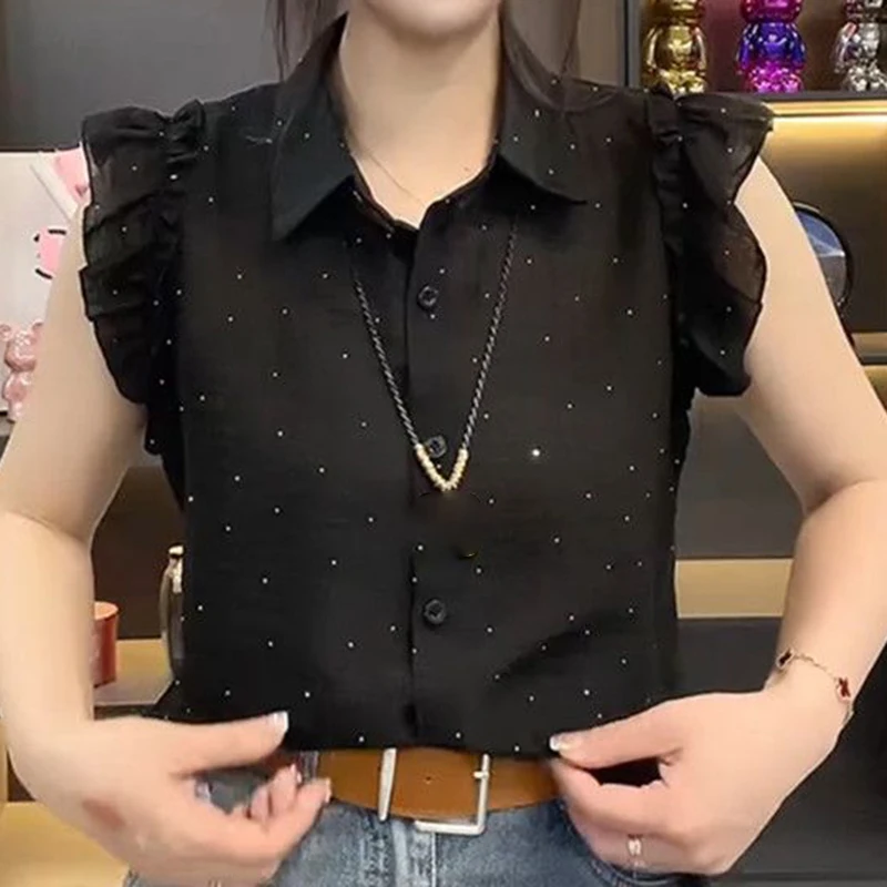 Feifei Sleeve Shirt Female 2024 Summer New Hot Diamond Design polo Collar Sleeveless Shirt Fashion Joker Korean Style