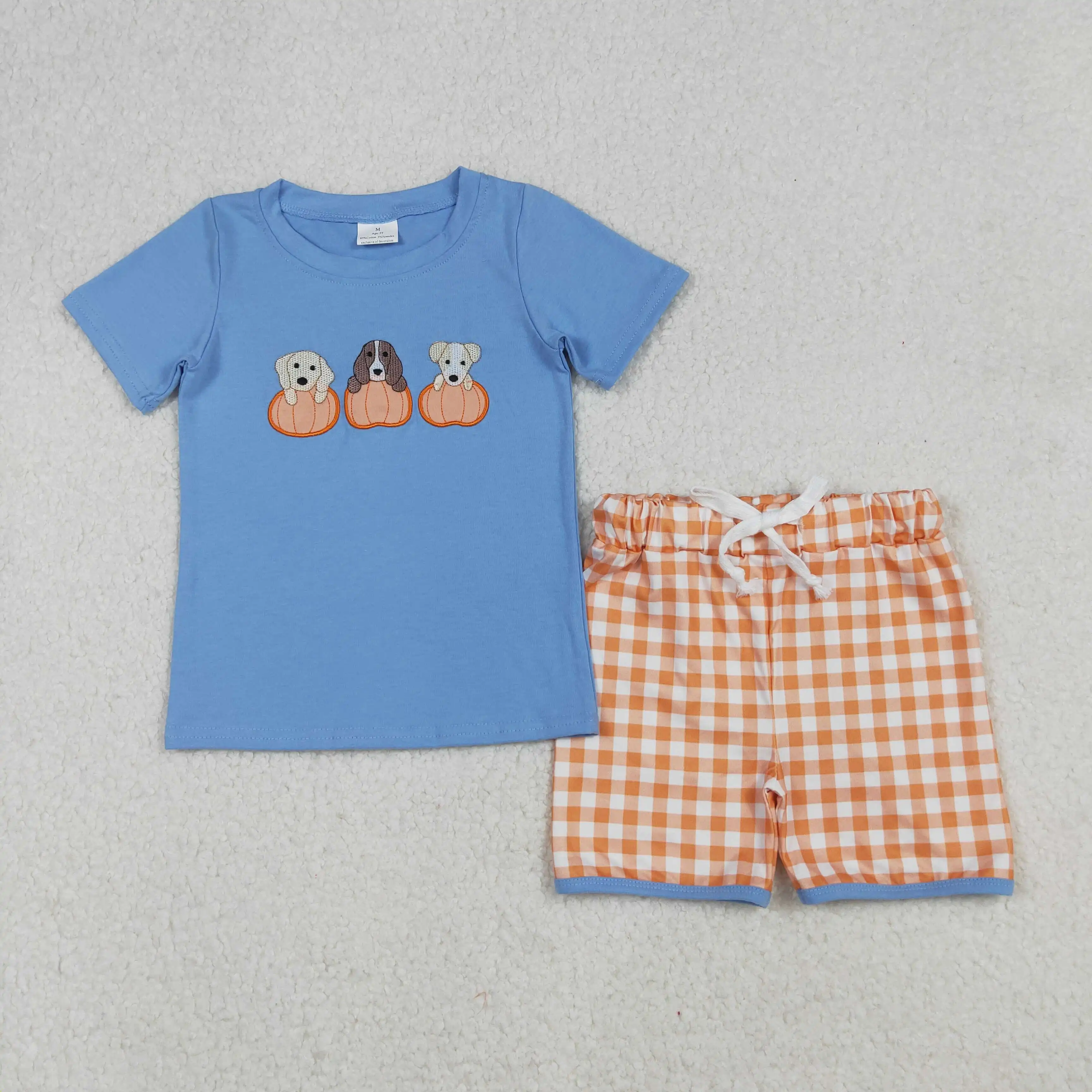 

x9.13 Embroidered pumpkin Thanksgiving baby boys clothing wholesale puppy blue short-sleeved orange plaid shorts suit