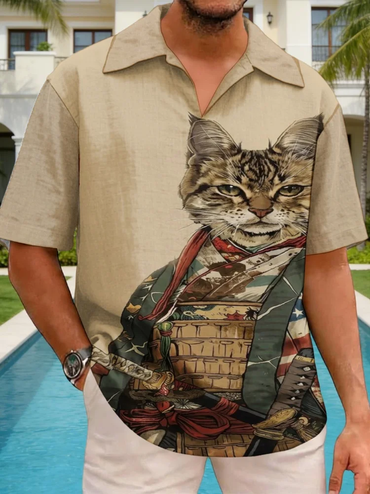 

Men's Casual Shirt Vintage Japanese Samurai Cat Illustration Tunic Oversized Summer Camp Collar Short Sleeve Beach Hawaiian Tops