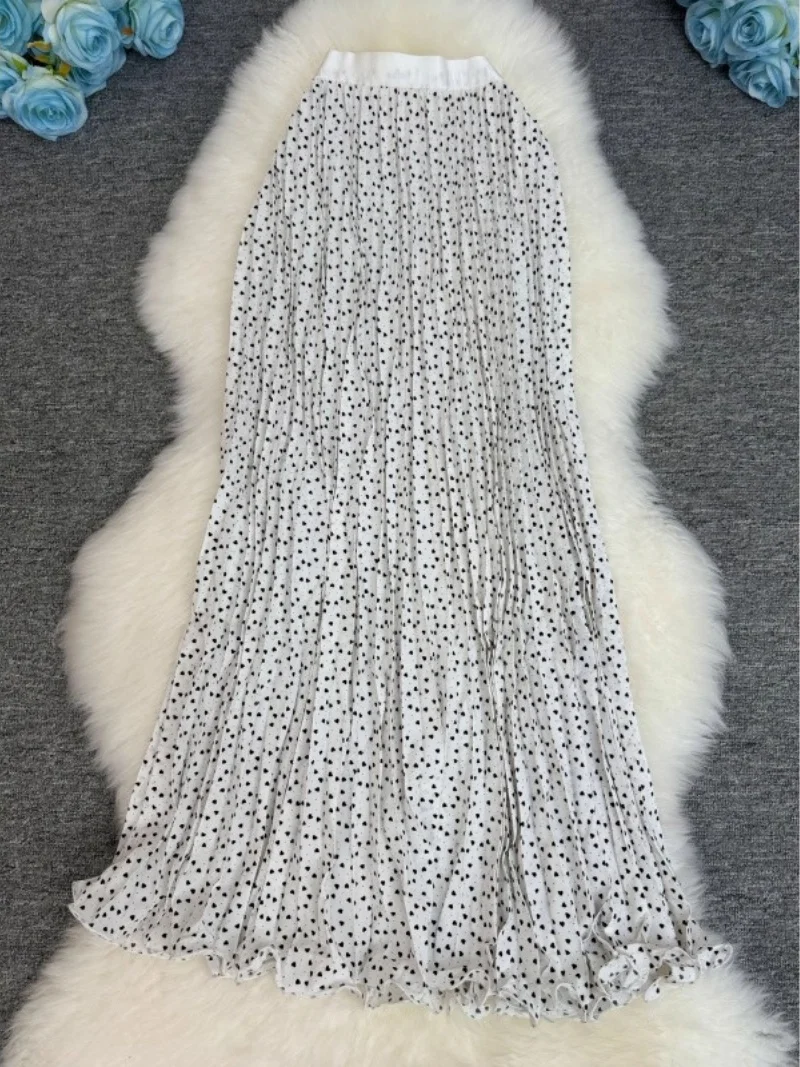 95cm Summer South Africa North America Peach Heart Dot Skirt Classic Versatile Fashion Elegant Fold Long Skirt For Women W119