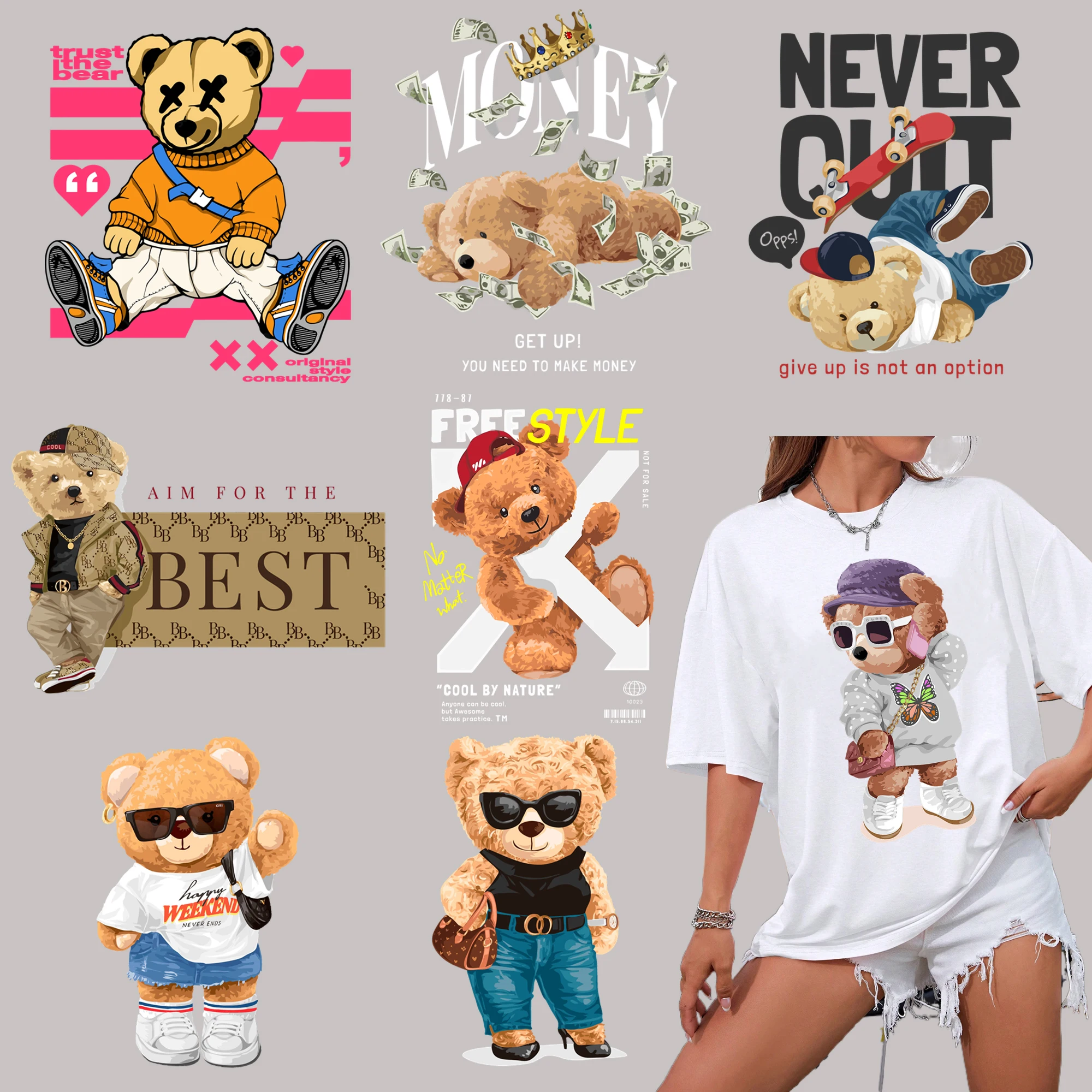 Cartoon Teddy Bear Pattern High Definition Hot Stamping Sticker For Clothes，Bag No Smell Iron On Clothes Self Adhesive Stickers