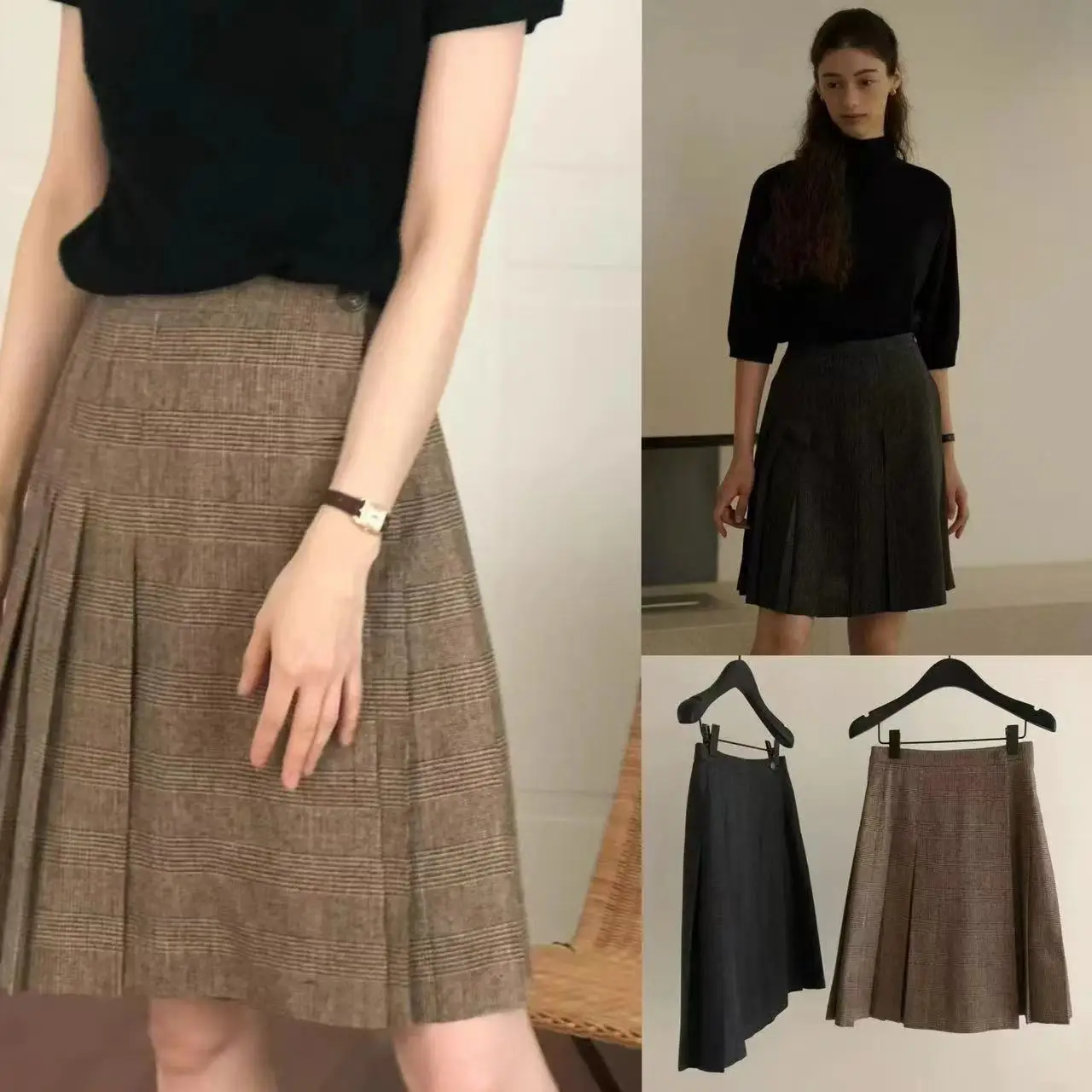 

Ретро клетчатая юбка с высокой талией, корейская винтажная шерстяная юбка в клетку с высокой талией и пуговицами по бокам