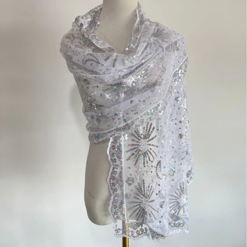 

Elegant Sequin Lace Shawl, Bridal Wedding Dress Outer Wrap, Women Fashion Sun Protection Head Scarf