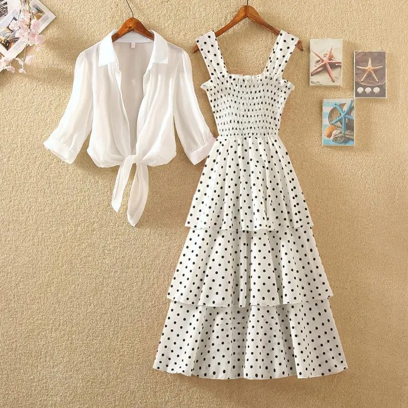 

2024 Summer New Polka Dot High Waist Sling Skirt and Sunscreen Shirt for Women's Loose Slimming Age Reducing Two Piece Set