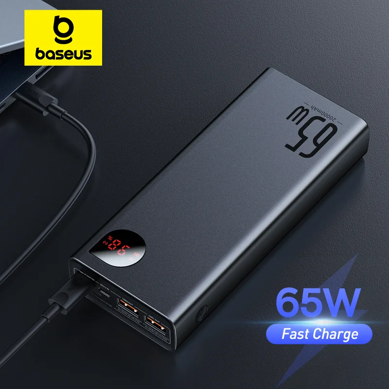 Baseus 65W Metal Power Bank Fast Charging for Laptop 20000mAh Powerbank LED Indicator Display for iPhone 16 Pro Max Samsung