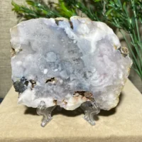 Pink Amethyst Flower Agate Slab Natural Stone Geode Specimen Feng Shui Quartz Crystal Slice Home Decoration+Stand