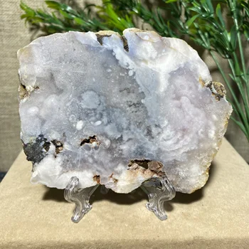 Pink Amethyst Flower Agate Slab Natural Stone Geode Specimen Feng Shui Quartz Crystal Slice Home Decoration+Stand