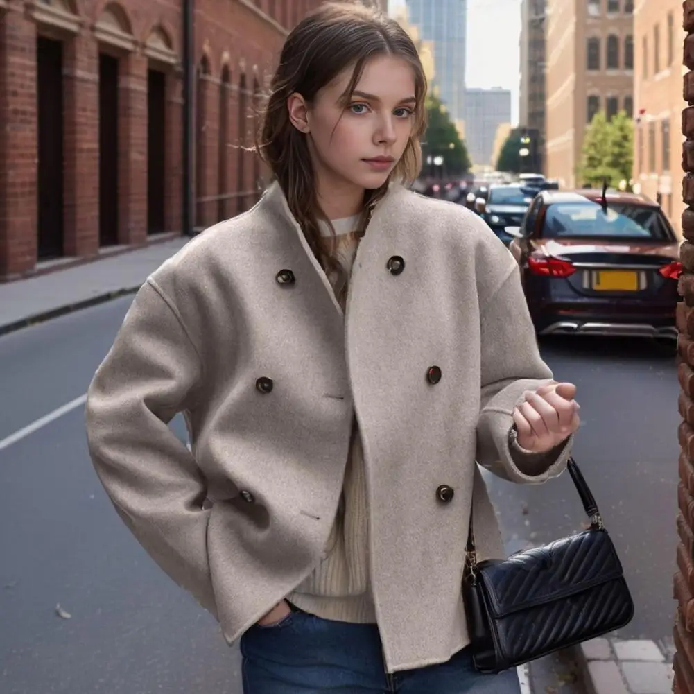 معطف نسائي أحادي اللون ، ياقة مدورة مزدوجة الصدر ، فضفاض ، كاجوال ، مكتب ، موضة ، سيدة ، خريف ، شتاء ،