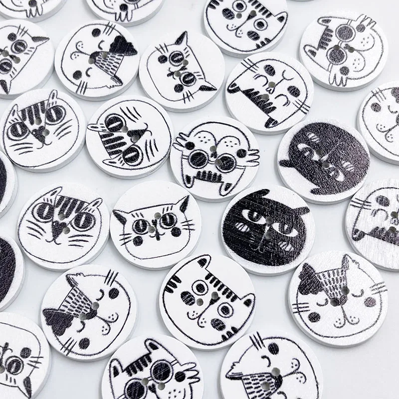 25pcs Cat Head Print Series Cartoon Wooden Buttons Handwork Sewing Scrapbooking Clothing Crafts Accessories Gift Card WB886