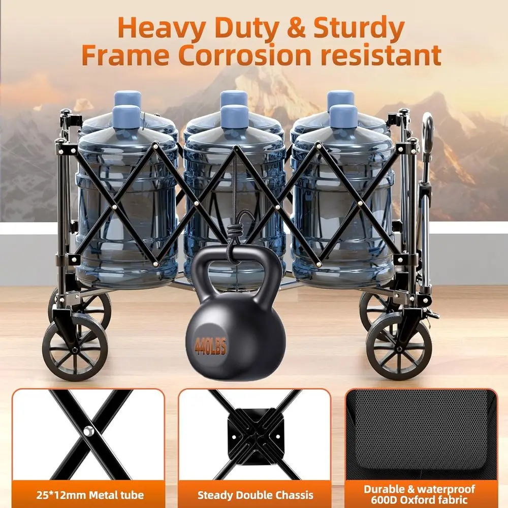 รถเข็นอเนกประสงค์พับได้ขนาดใหญ่พร้อมล้อ แข็งแรงทนทานสำหรับชายหาด ตั้งแคมป์ ขนของชำ มีช่องเก็บของด้านข้าง