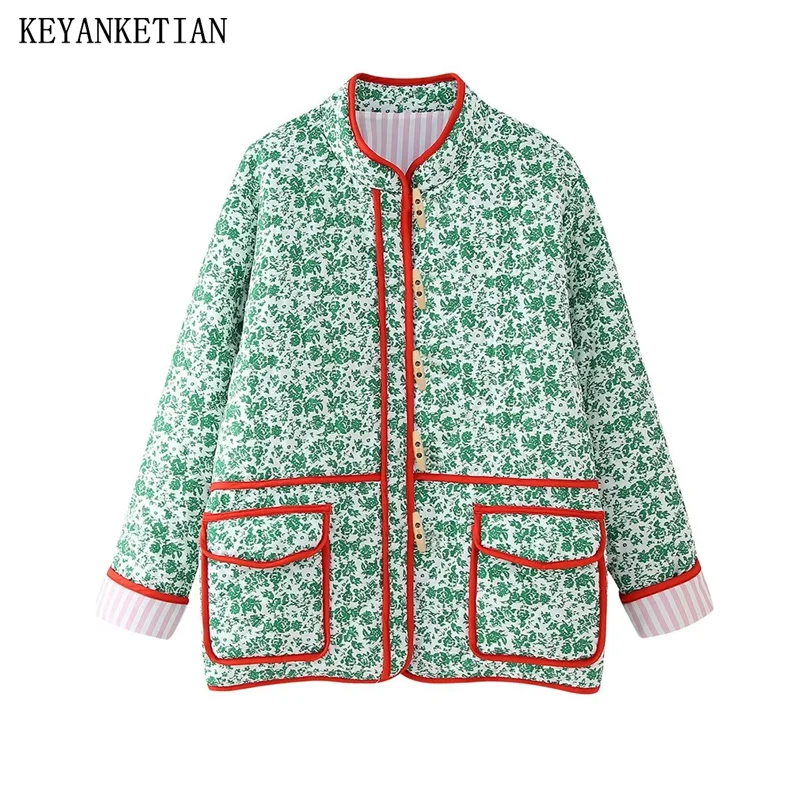 

KEYANKETIAN Autumn New Pastoral style Flower Print Vintage Cotton-Padded Jacket Horn Toggle Button Pockets Women's Oversiz Coat