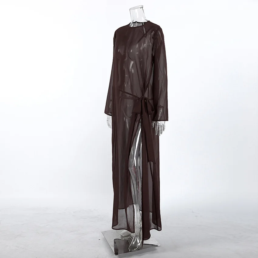 Sexy Braunes Transparentes Maxikleid Damen Langarm Seitenschlitz Langes Kleid Elegantes Mesh Bodycon Kleid Party Clubwear Strand Cover-Up