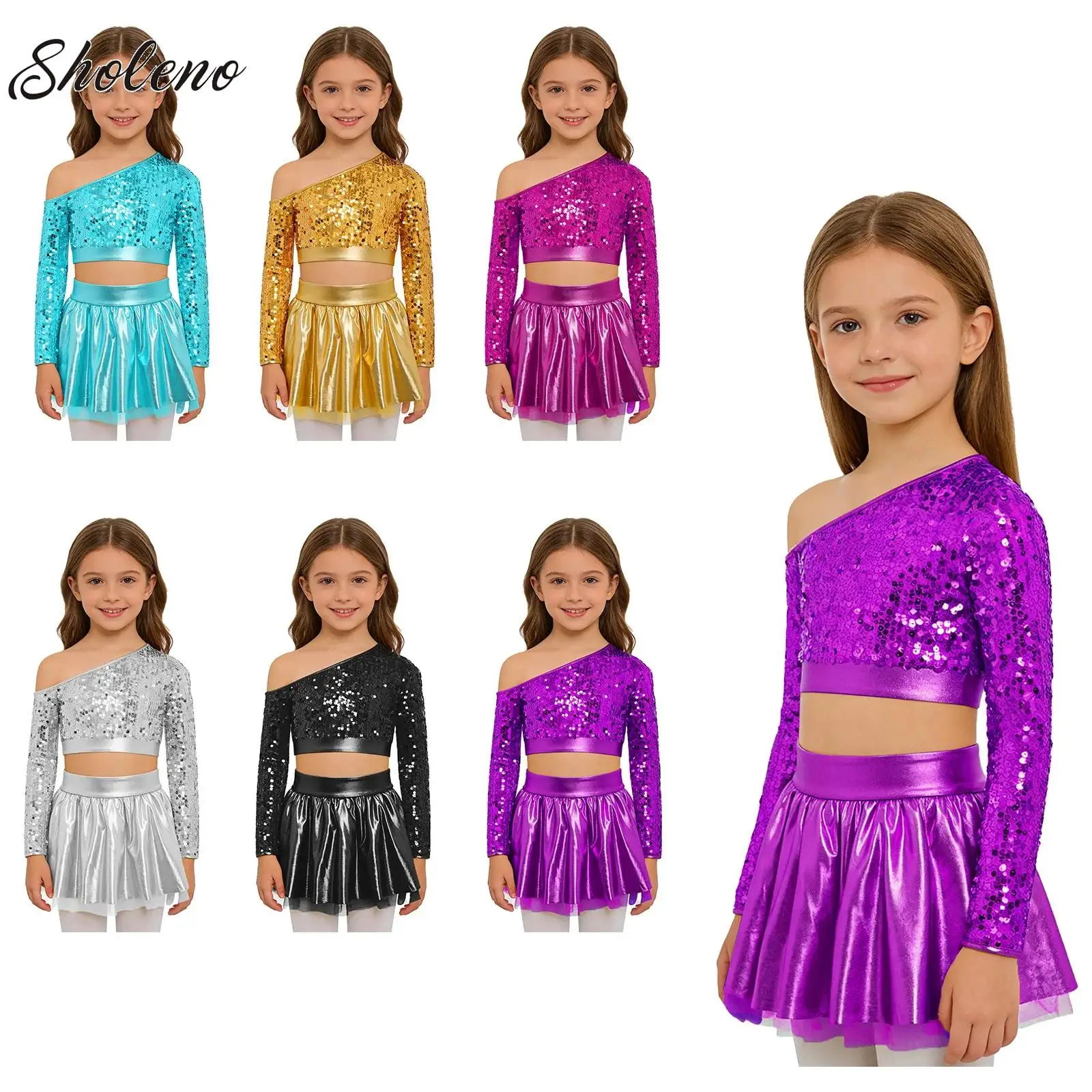 

Kids Girls 2Pcs Jazz Dance Outfit Sheer One Shoulder Sequin Crop Top with Metallic Tiered Skirt Cheerleading Performance Costume