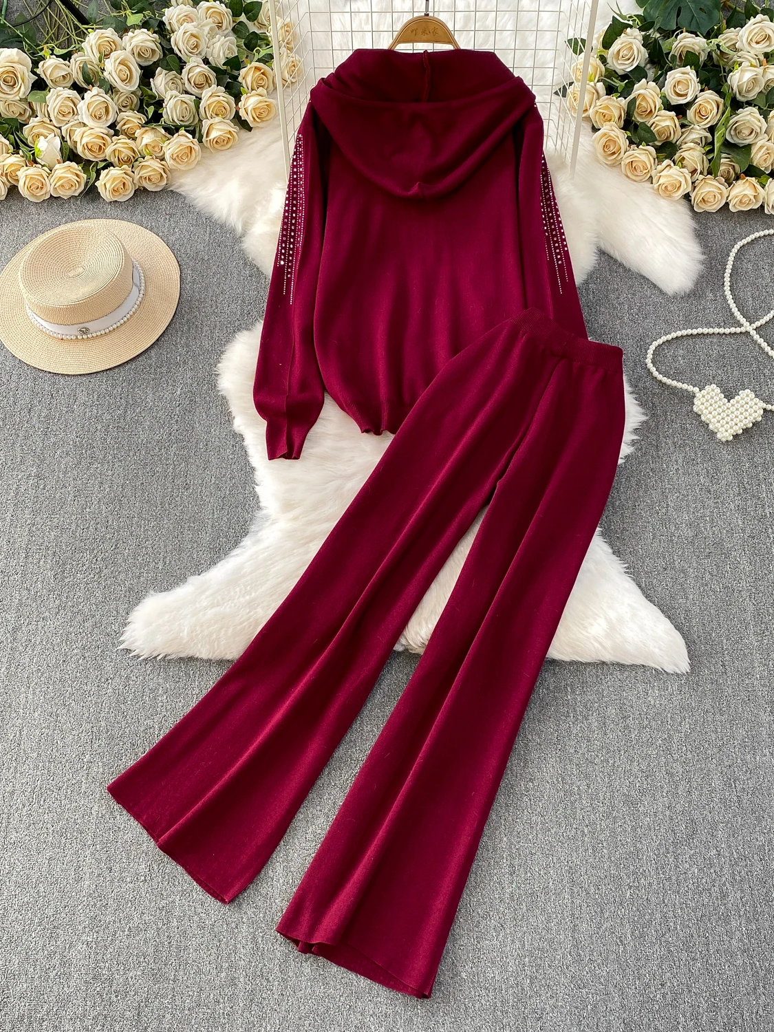 

Faionable Two-Piece Set Women's Autumn Winter New Drill Slimming Hooded Long Sve Sweatirt High Waist Wide Leg Pants