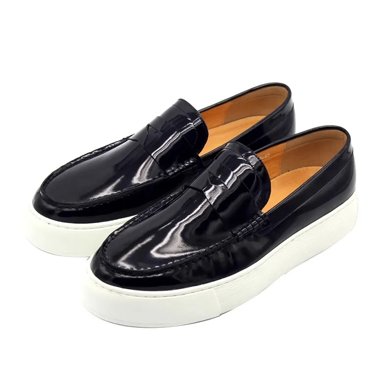 Glossy Black Genuine Leather Slip‑On Loafers Chunky Platform Sole Men Fashion Casual Business Daily Street Dress Footwear