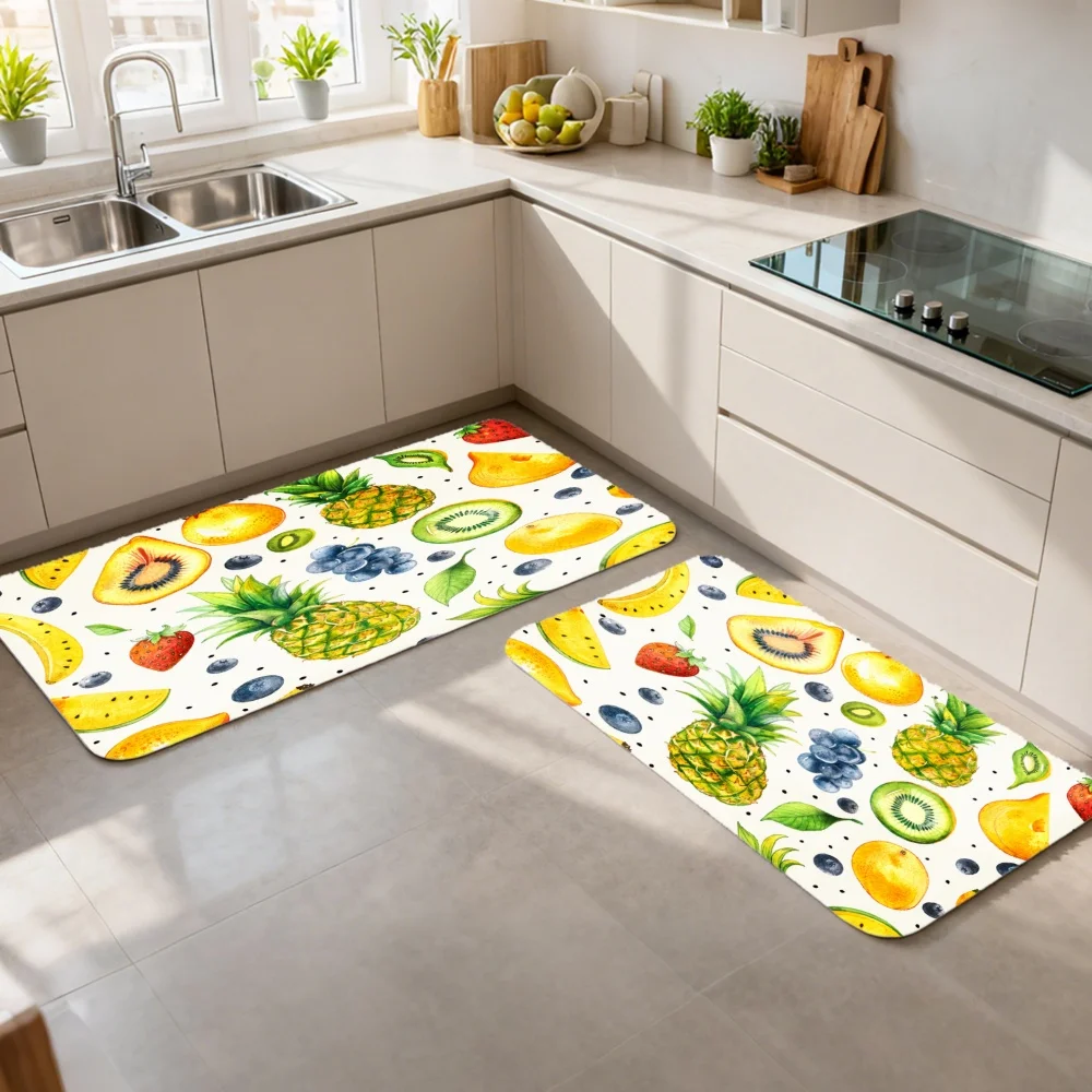 3PCS Mat Set,  Home Decoration for Front Door, Kitchen,  Fruit Pattern With Pineapple Kiwi Mango And Blueberry Kitchen Rug.