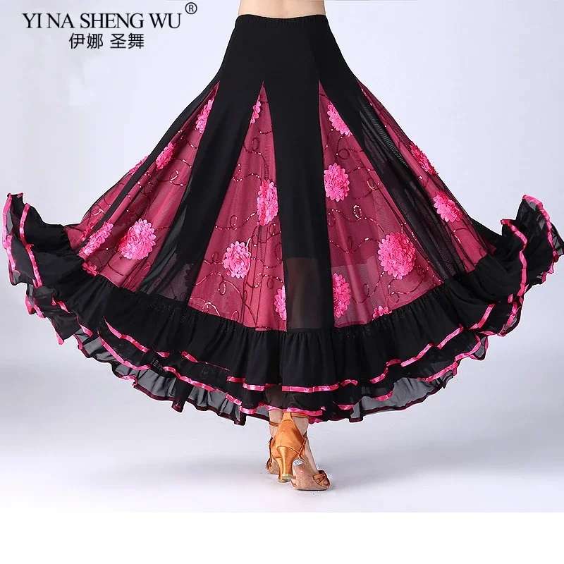 Nuevo traje de baile moderno para mujer, falda de baile de salón de vals Flamenco, faldas espanas de columpio grande en capas de competición clásica