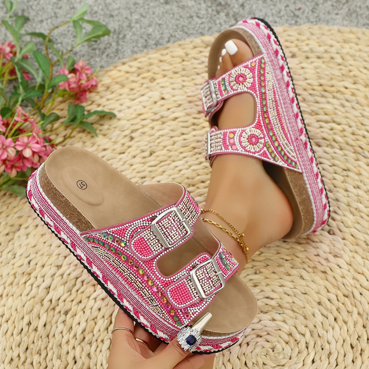 Women Slippers Rhinestone Glitter Sandals Slip-On Double Buckle Slippers Party Elegant Shoes Women Sparkling Trend Slides Women