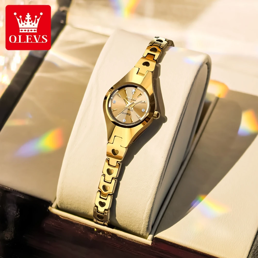 OLEVS 7082 Luxury Quartz Watches for Women Fashion Hollow Love Heart Tungsten Steel Strap Rhombus Mirror Elegant Ladies Watches
