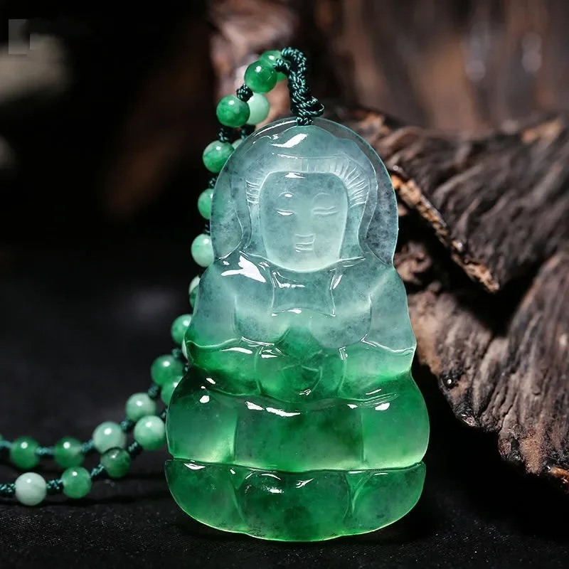 

Carved Guanyin Jade Pendant Natural Chinese White Green Jadeite Bodhisattva Necklace Jewellery Fashion Amulet Man Luck Gifts