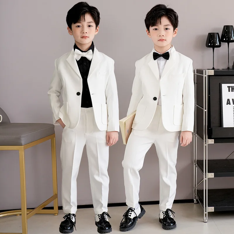 

Children's Formal White Suit Set Boys Host Piano Performance Wedding Catwalk Photo Costume Kids Blazer Pants Bowtie Clothes