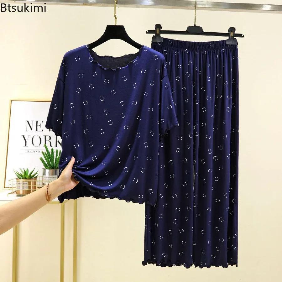 Women's Modal Loose Fungus Edge Home Clothes Summer Thin Design Smiling Face Short Sleeved Pants Two-piece Set Casual Pajamas