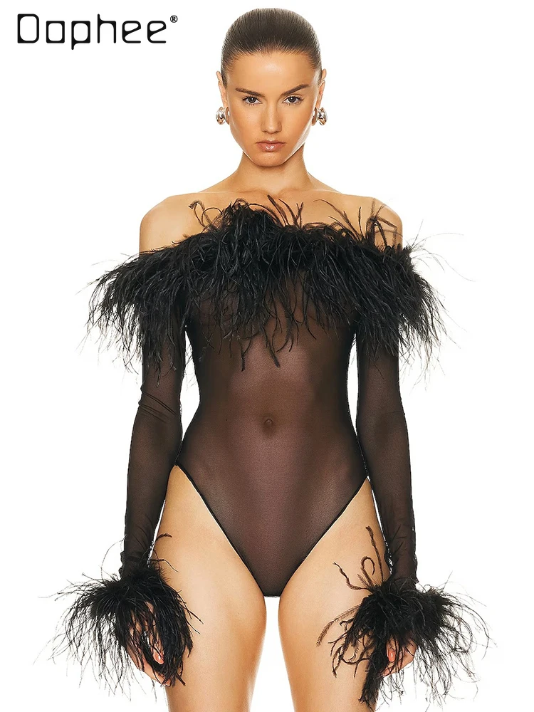 

Sexy Neckline Cuff Ostrich Feather Jumpsuit Hot Girl Off-Shoulder Long Sleeve Mesh Slightly Thin See-through Black Bodysuits