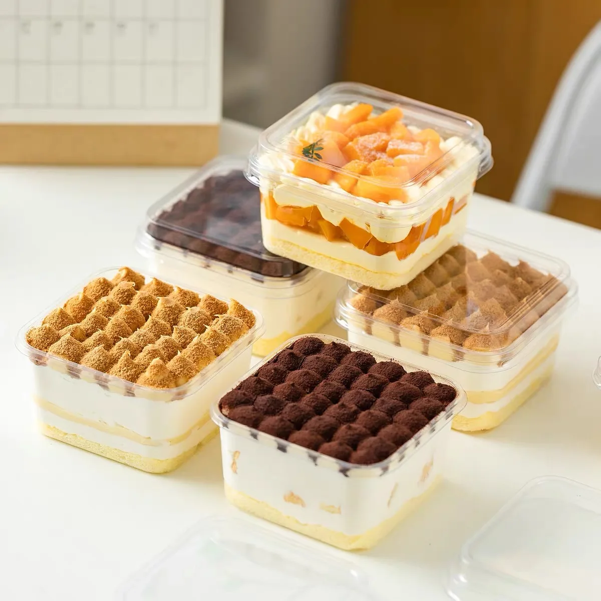 Tiramisu box fruit cake packaging box disposable soy milk mousse small dessert square transparent cup 400ml 50pcs